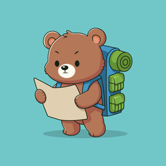 Cute cartoon bear with a backpack reading a map.