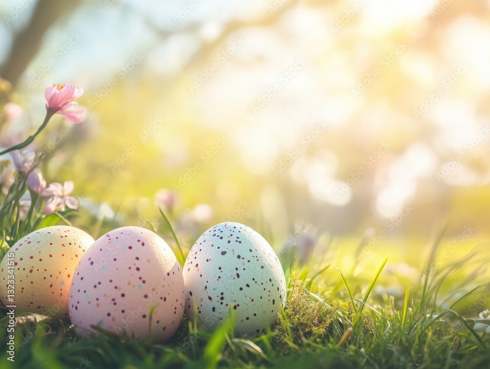 Poster a cluster of three eggs sits atop a vibrant green field, ideal for backgrounds and concepts related 