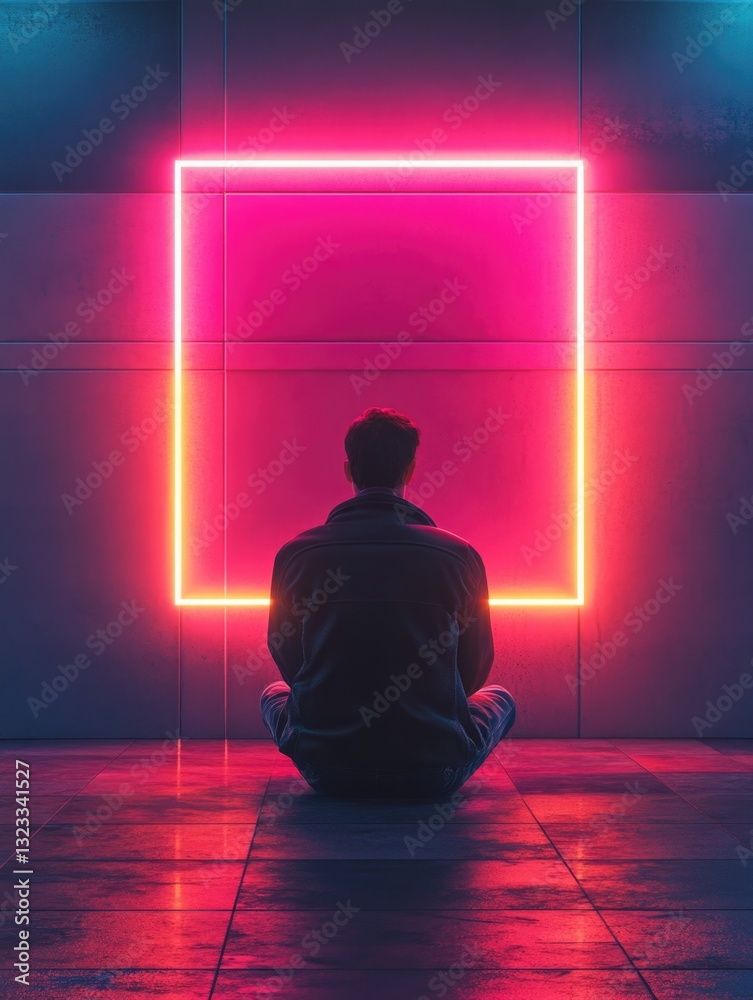 Poster a person sitting in front of a glowing neon frame, ideal for use in futuristic or retro-themed desig