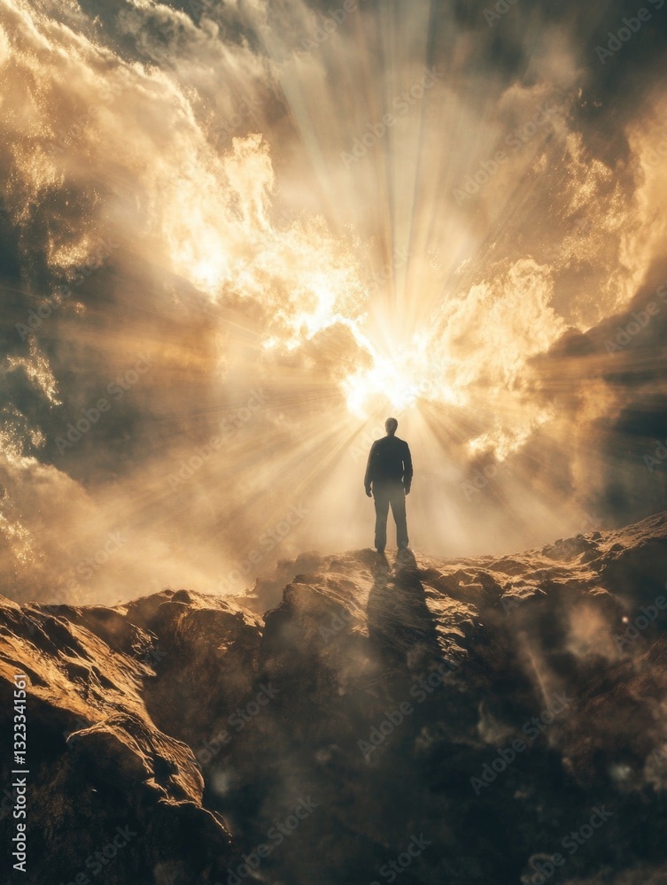 Poster a person stands at the summit of a mountain with a cloudy sky above
