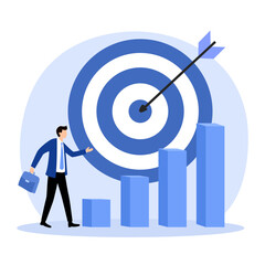 Achieve goal concept. Aspiration and motivation. Business objective, purpose or target, goal and resolution to aim for success. confident businessman stand with arrow hit on archery target.