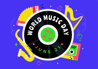 World Music Day Vector Illustration on June 21st, featuring Various Musical Instruments and Music Notes to Celebrate and Enjoy the Art of Sound