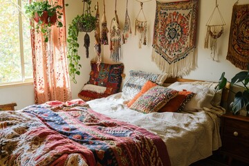 Bohemian bedroom with soft throws and hanging decor accents.