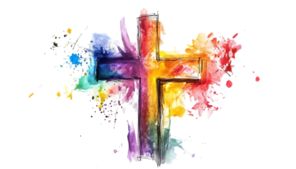 Colorful Watercolor Christian Cross Image on transparent background