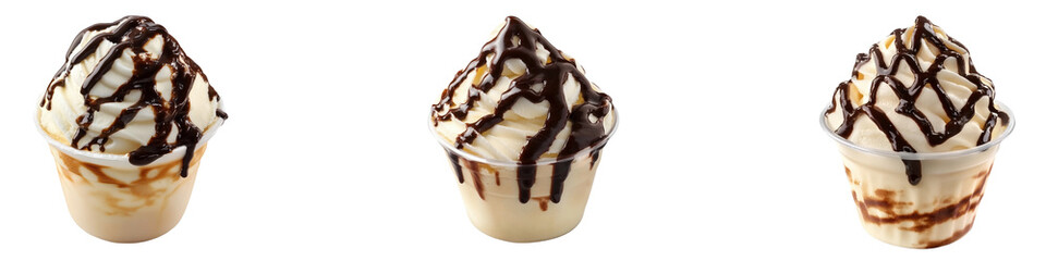 set of Plastic cups filled with ice cream, plastic cups filled with ice cream, drizzled with chocolate, cups with ice cream, chocolate topping, a mixture of ice cream and, on a transparent backgrounds