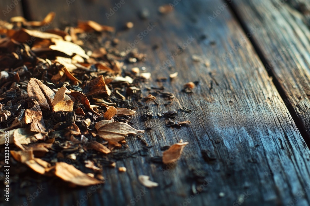 Poster a close-up view of a pile of leaves on a wooden table, ideal for autumn-themed projects or as a natu