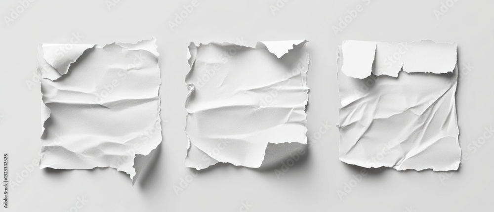 Aufkleber three torn pieces of paper lying on a white surface