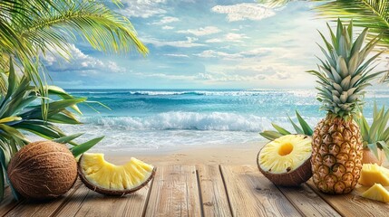 Obraz premium Tropical Beach Scene with Pineapple and Coconut