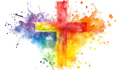 Rainbow Cross Colorful Christian Art on transparent background