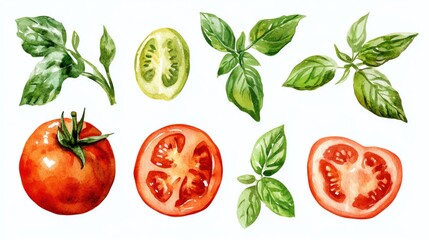 Vegetables and farm produce. Collection set watercolor fresh farm vegetables. Fresh tomatoes and basil for culinary inspiration.