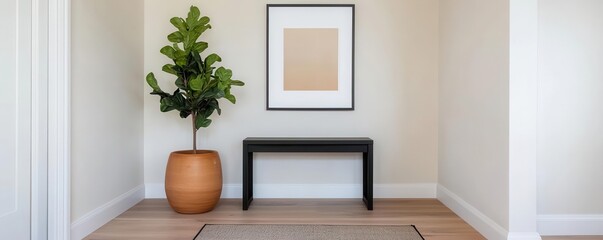 Minimalist entryway with a monochrome color scheme, featuring a sleek black console, abstract wall art, and a geometric rug for a modern vibe, 3D render