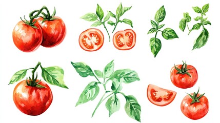 Vegetables and farm produce. Collection set watercolor fresh farm vegetables. Fresh, vibrant tomatoes and basil illustrations.