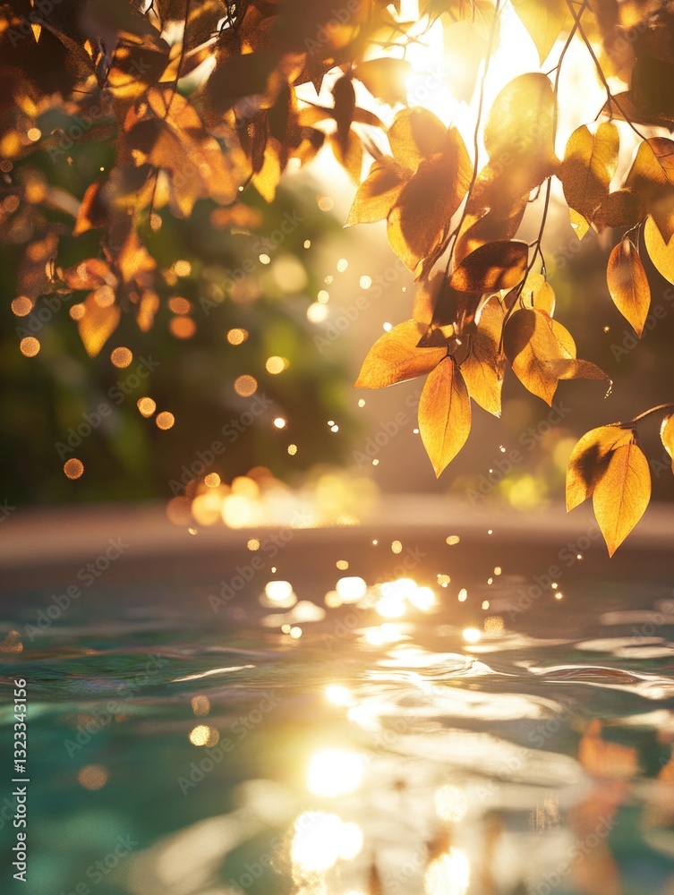 Poster a sunny day with sunlight shining through the leaves of a tree reflected in the calm water
