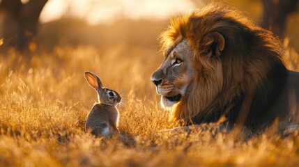 Fototapeta premium Lion and rabbit's tranquil encounter in golden sunset safari scene