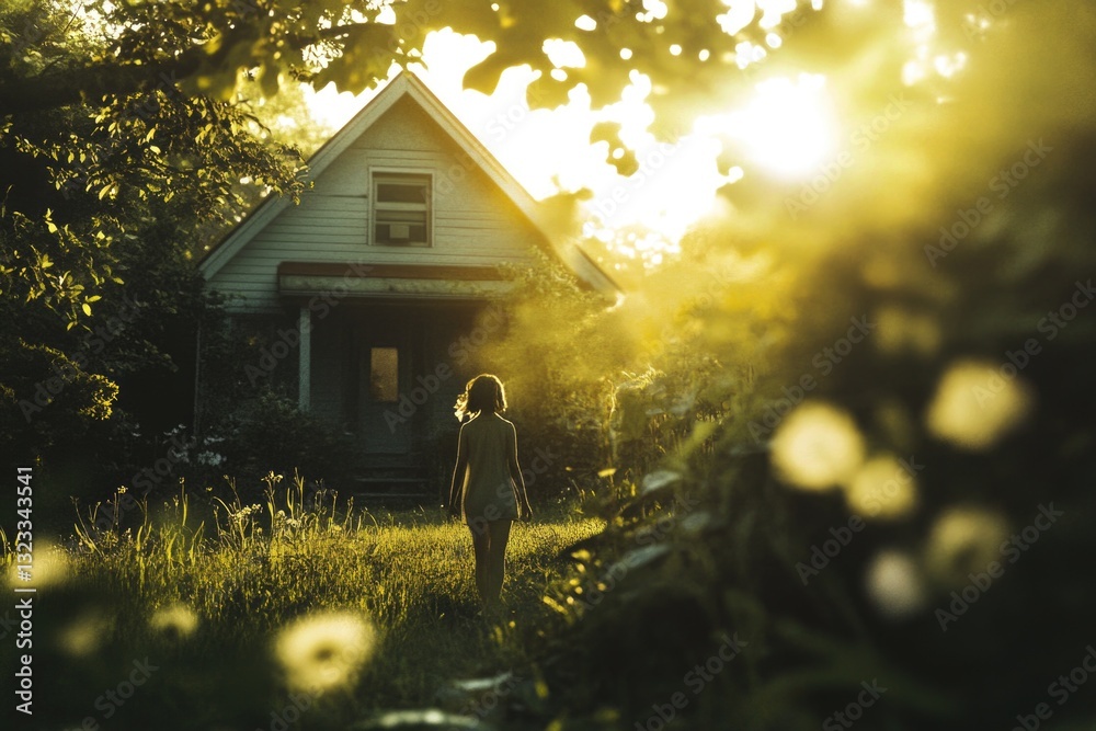 Poster a person standing in a field with a house in the background, perfect for use in real estate or lifes