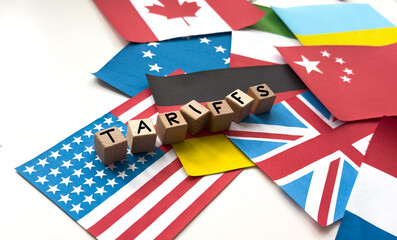  wooden cube block for tariffs on flags of different countries