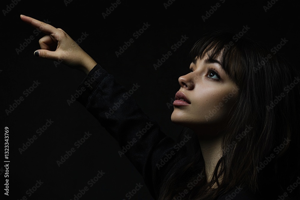 Poster a woman points at something on a black background, perfect for illustrating a concept or highlightin