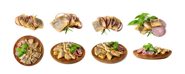 Salted Herring Fillet Isolated, Raw Pickled Fish Meat, Marinated Herring on White Background