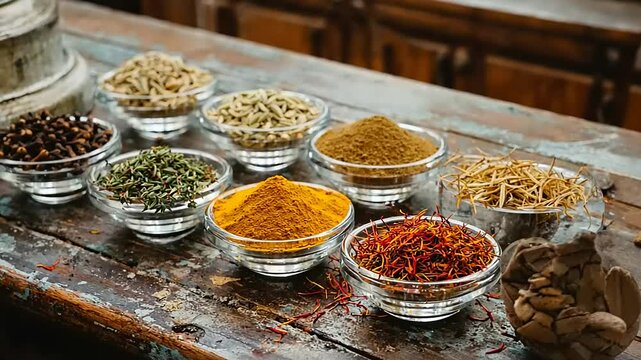Spices and herbs in a market with bowls of colorful powders and aromatic ingredients