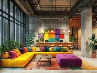 Bright and modern coworking space interior.