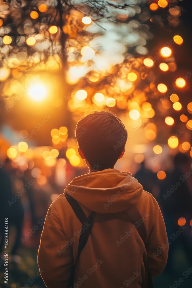 Poster a person standing near a tree illuminated by colorful lights