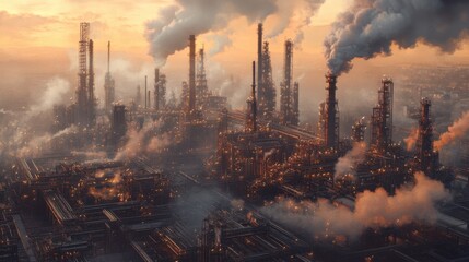 A massive oil refinery with towering pipelines, chimneys releasing steam, and industrial storage tanks