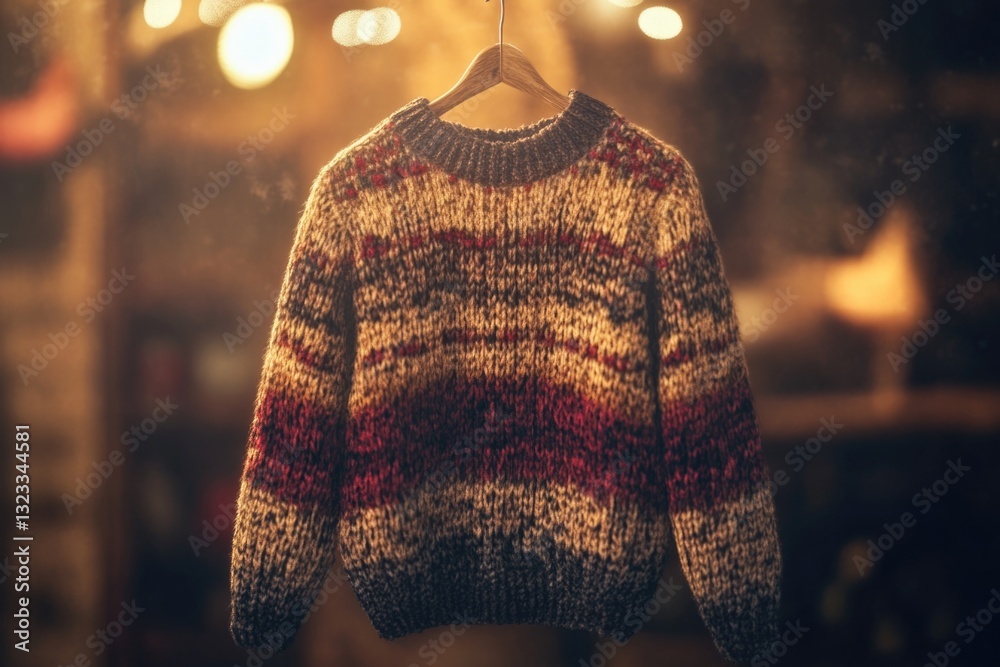 Poster a sweater hangs from a clothing hanger in a room, ready for use or display