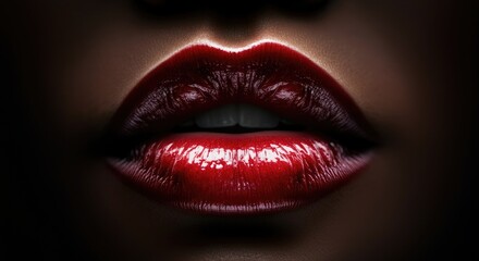 Close-up of glossy red lips in dramatic lighting
