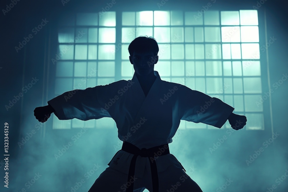 Poster A man stands in a karate pose in front of a window, ready for action