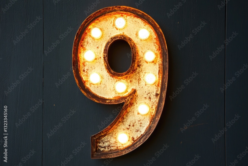 Poster a close-up shot of the number 9 lit up with multiple light bulbs