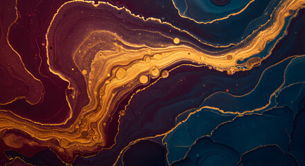 fluid art abstract background with swirling colors like gold, maroon, and deep blue