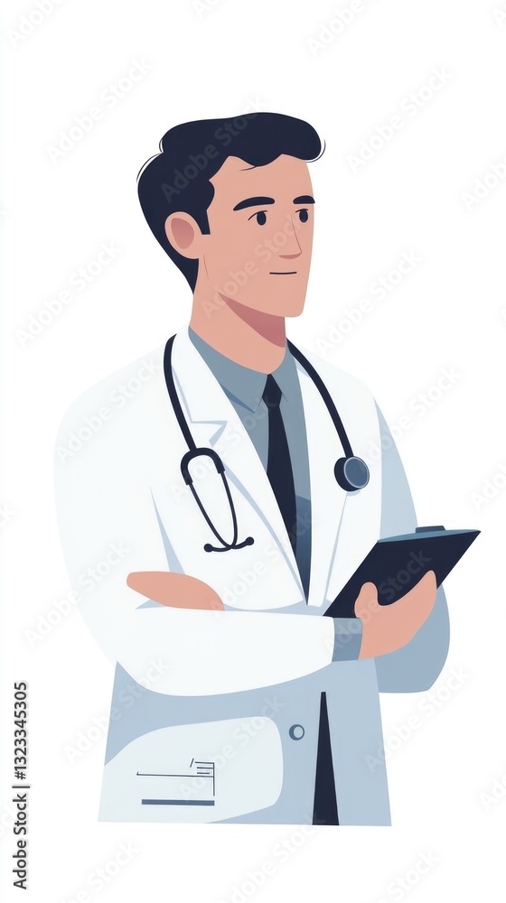 Poster a man wearing a lab coat holds a clipboard, ready for notes or data collection