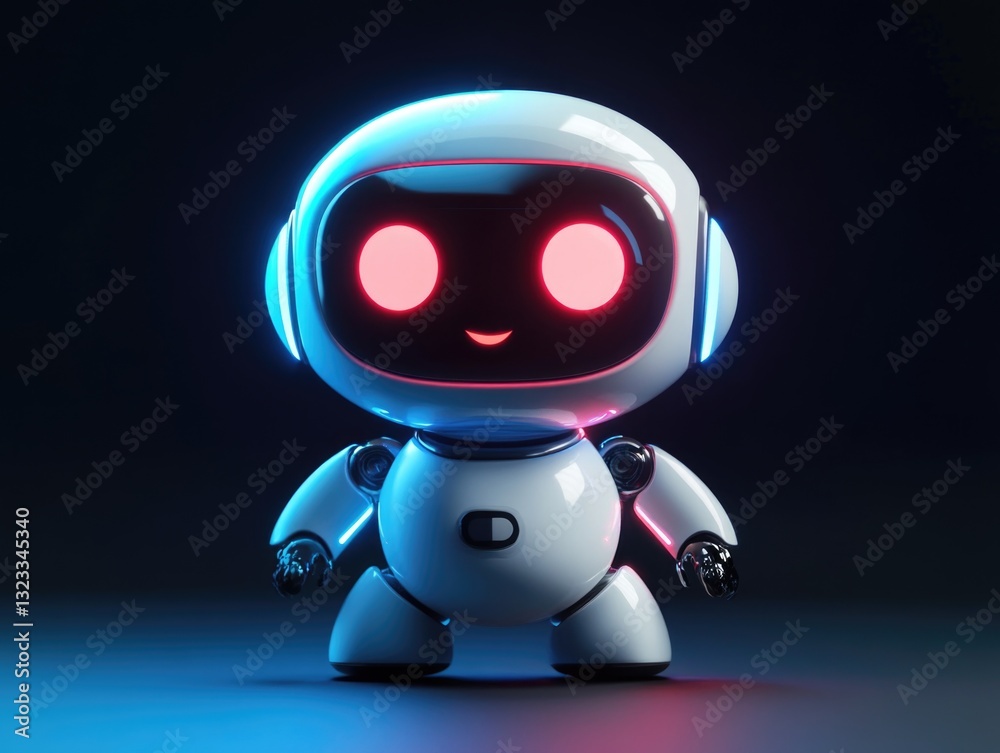 Poster a close-up of a white robot with bright red eyes against a black background