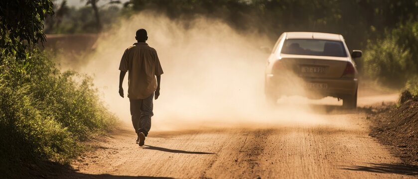 Economic Inequality Concept. A person walks along a dusty road as a car approaches, creating a cloud of dust in a rural setting.