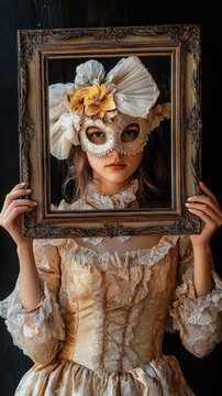 A woman holds a picture frame with a mask, suggesting a theme of mystery or disguise