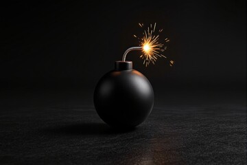 A spherical bomb with a lit fuse emitting sparks, placed on a dark textured surface. The scene conveys urgency and danger. Ai generative