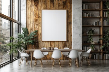 Empty blank poster frame on the wall in a modern dining room with white and wood-paneled walls, concrete floors, and cityscape view.