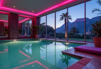Fototapeta premium Luxurious indoor swimming pool with vibrant pink lighting and mountain view