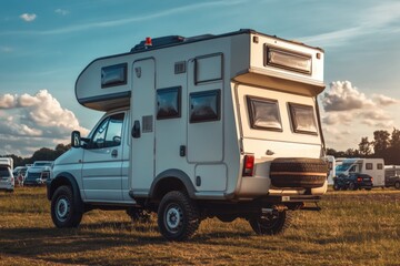 Naklejka premium A picture of a white truck with a camper on its roof, suitable for outdoor and adventure-related themes