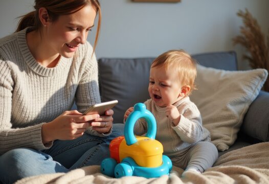 A joyful baby plays with a colorful toy while a mother uses her smartphone