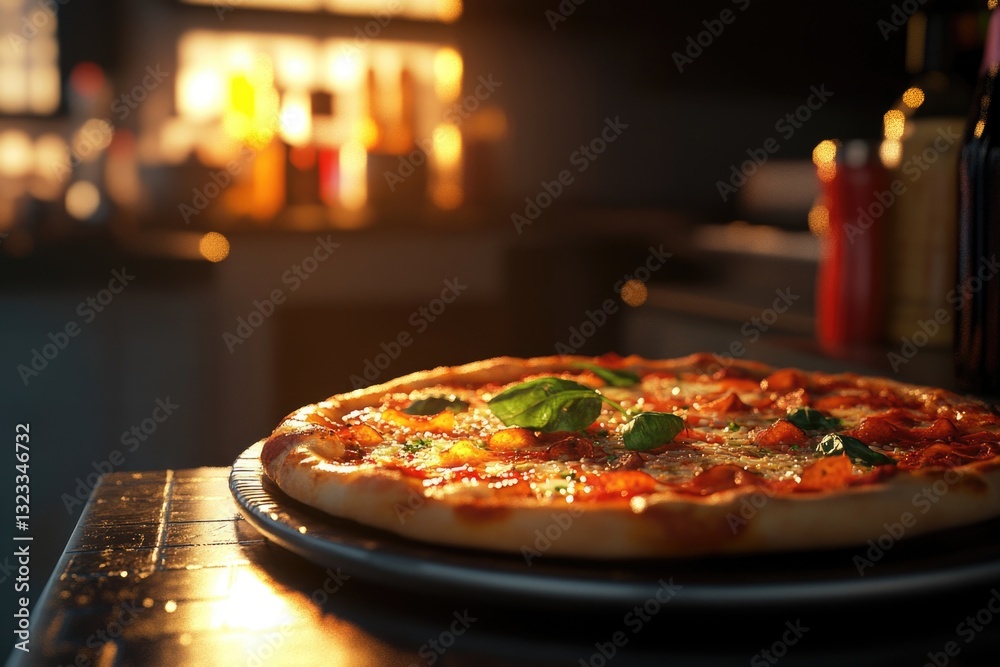 Poster a slice of pizza sits atop a pan on a table, ready for serving