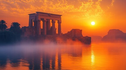 Obraz premium Philae temple at sunrise with mist over the nile river