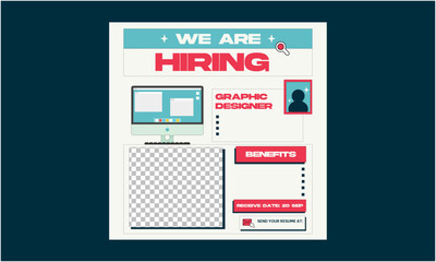 We Are Hiring Socials Media. We are hiring post feed on square design. Open recruitment regional sales manager design template. Social media find a job layout. vector 
