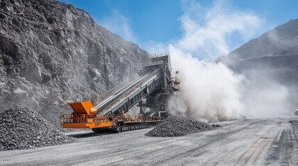 A modern industrial conveyor belt transporting crushed stone at a mining operation