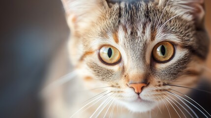 Captivating close-up of a curious cat with striking eyes and detailed fur texture in a cozy indoor setting