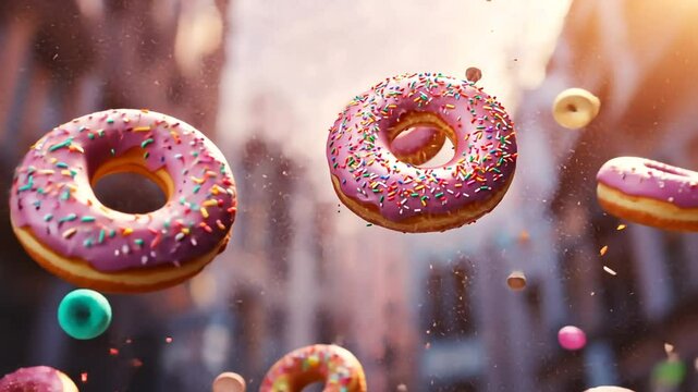 Delightful and playful animation featuring pink frosted donuts falling in slow motion