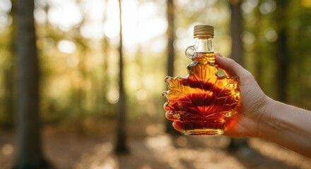 Hand holding maple leaf-shaped bottle of syrup in forest