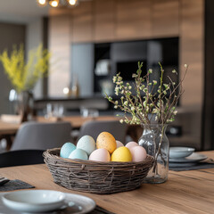 A stylish Easter dining arrangement featuring ceramic plates, silverware, and seasonal decor. The sophisticated and inviting table setup is ideal for hospitality, branding, and festive promotions.
