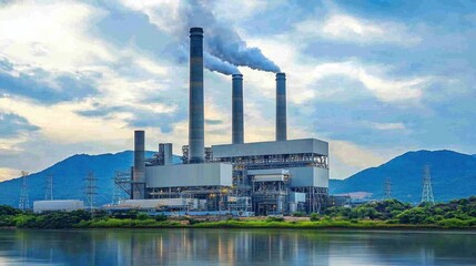 Obraz premium A modern power plant under construction with towering smokestacks in the background