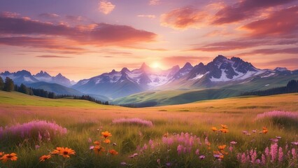 A vast meadow filled with vibrant wildflowers of pink, red, and orange hues.